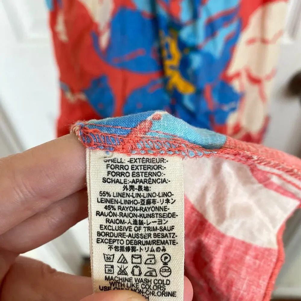 FREE PEOPLE Moonshine Midi Dress Linen Blend Floral Tropical Size Small Red Blue - Picture 6 of 8